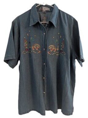 Passion-I Blue Denim Short-Sleeve Embroidered Button-Down 1X